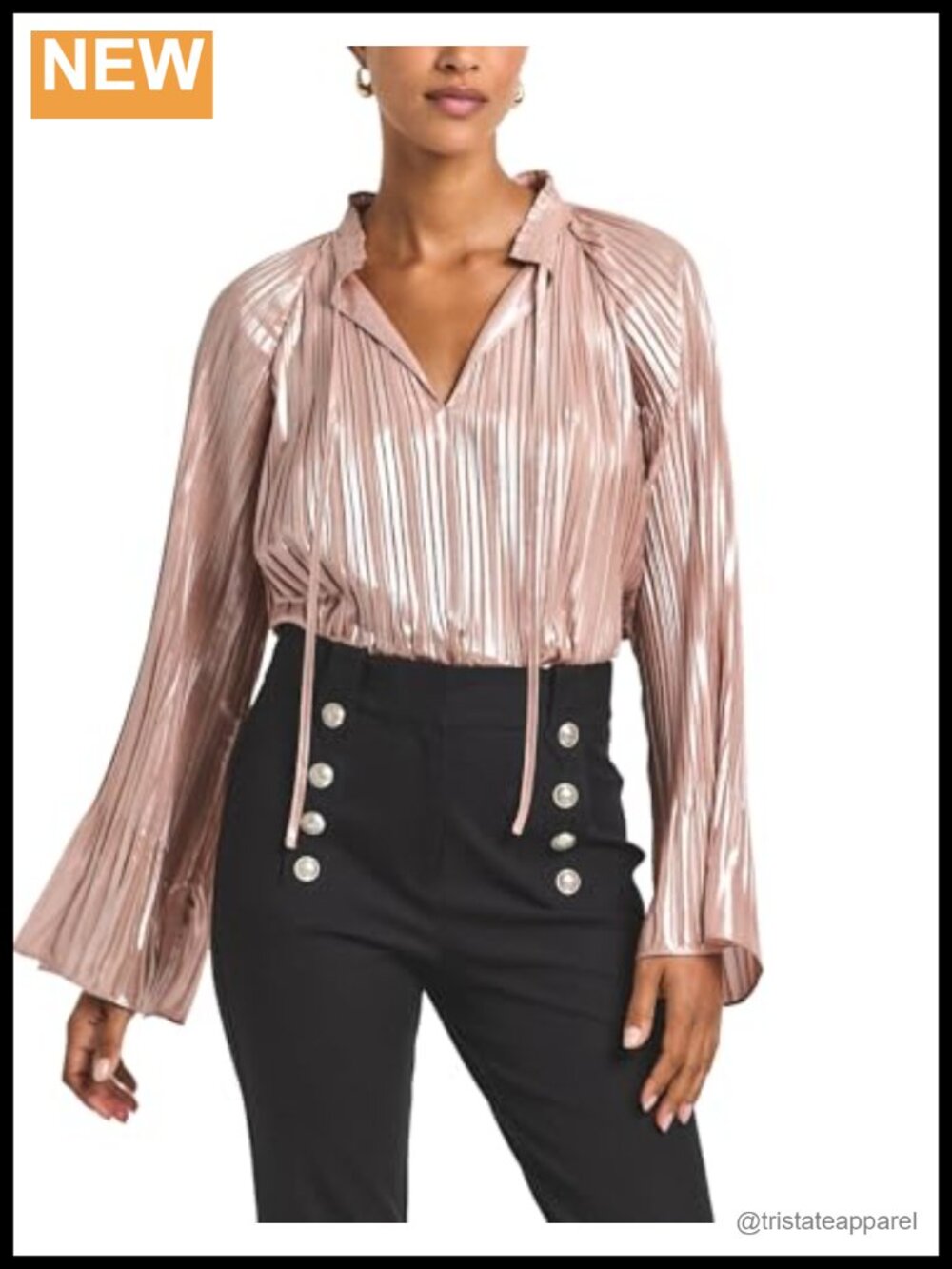 Pleated Foil Georgette Raglan Blouse with Tie Neck